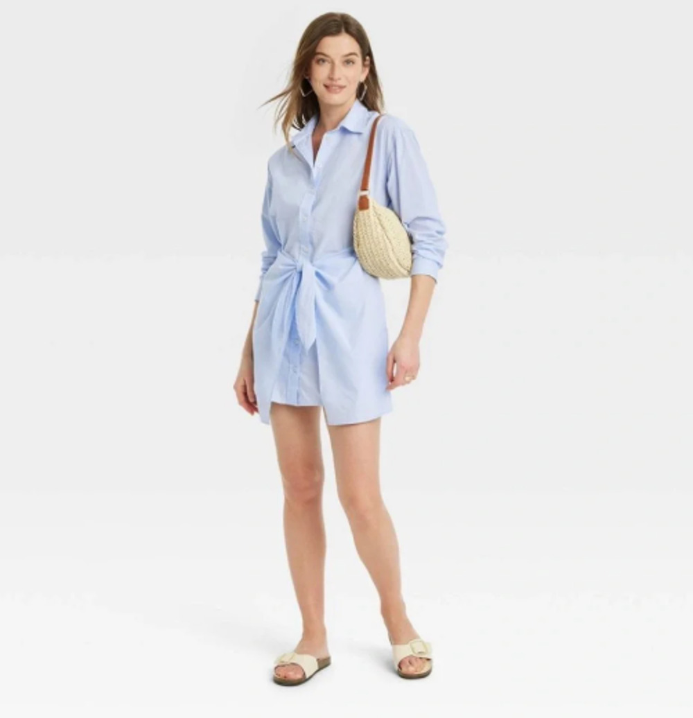 Long Sleeve Tie-Front Mini Shirtdress Sz XL Baby Blue NWT Universal Thread